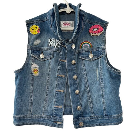 Justice Girls 16/18 Denim Patchwork Button Front Vest‎ Jean Jacket - Picture 1 of 7